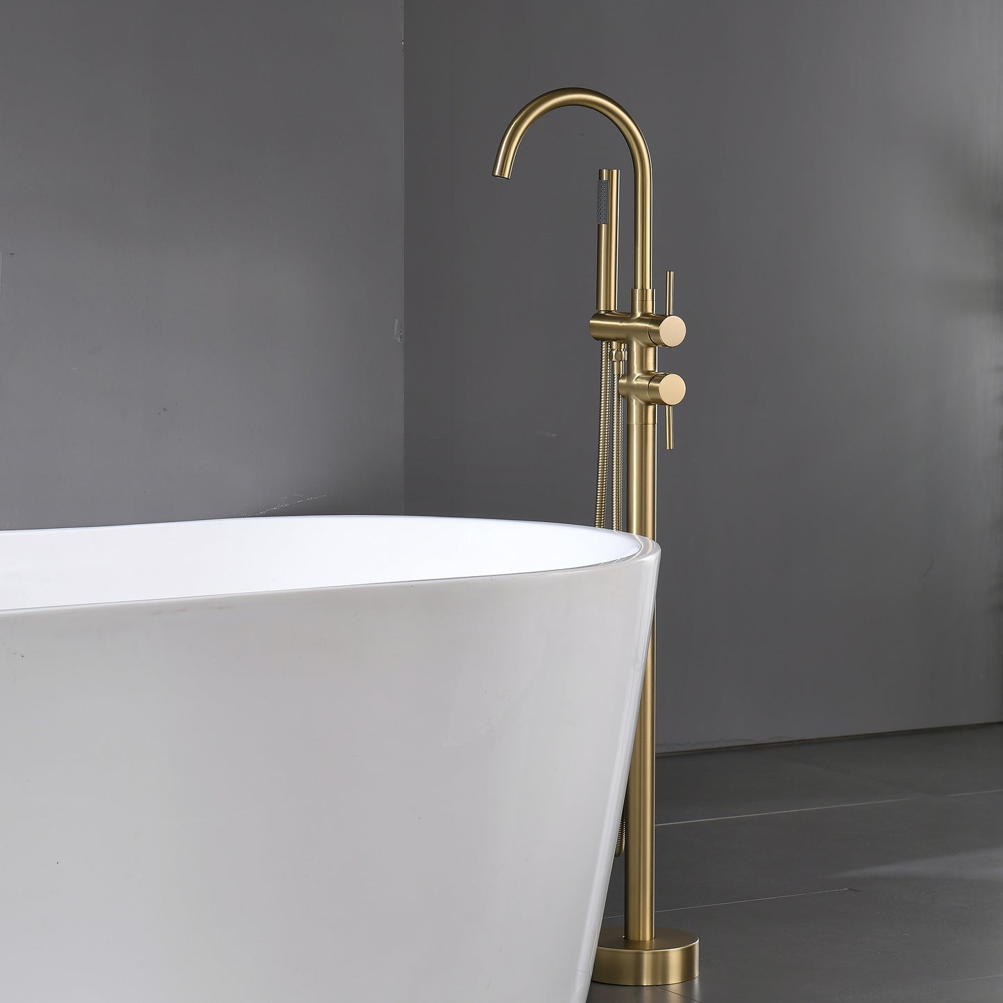 Bathtub Faucet Free Standing Floor Mounted Tub Faucet Tub Filler, Bathroom High Flow Shower Faucets with Handheld Shower Brushed Gold