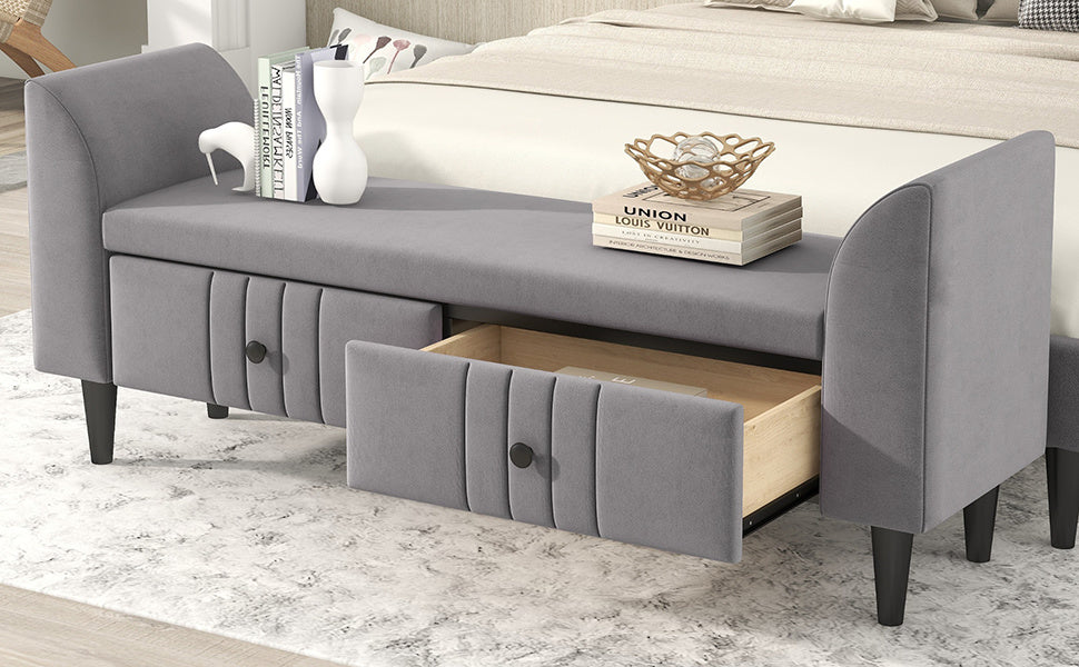 Upholstered Wooden Storage Ottoman Bench with 2 Drawers For Bedroom,Fully Assembled Except Legs and Handles,Gray