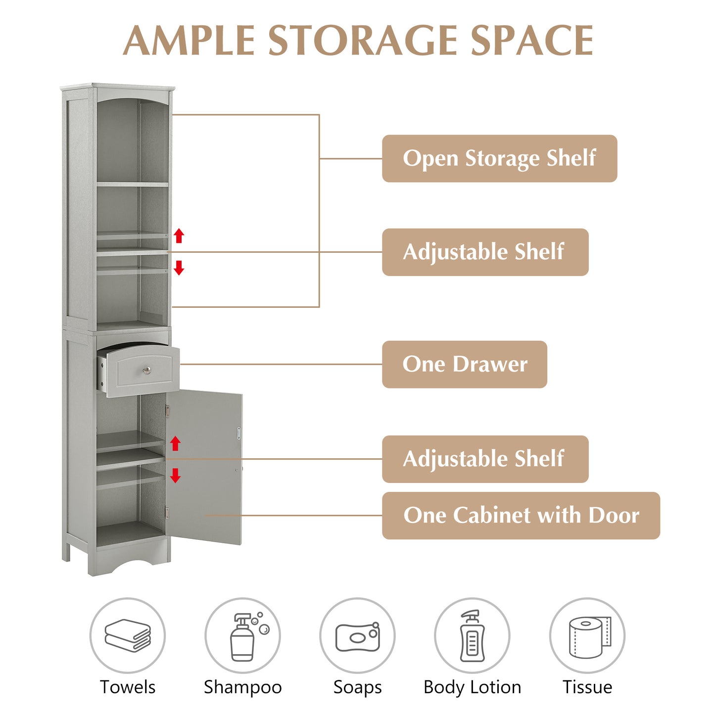 Tall Bathroom Cabinet;  Freestanding Storage Cabinet with Drawer;  MDF Board;  Adjustable Shelf