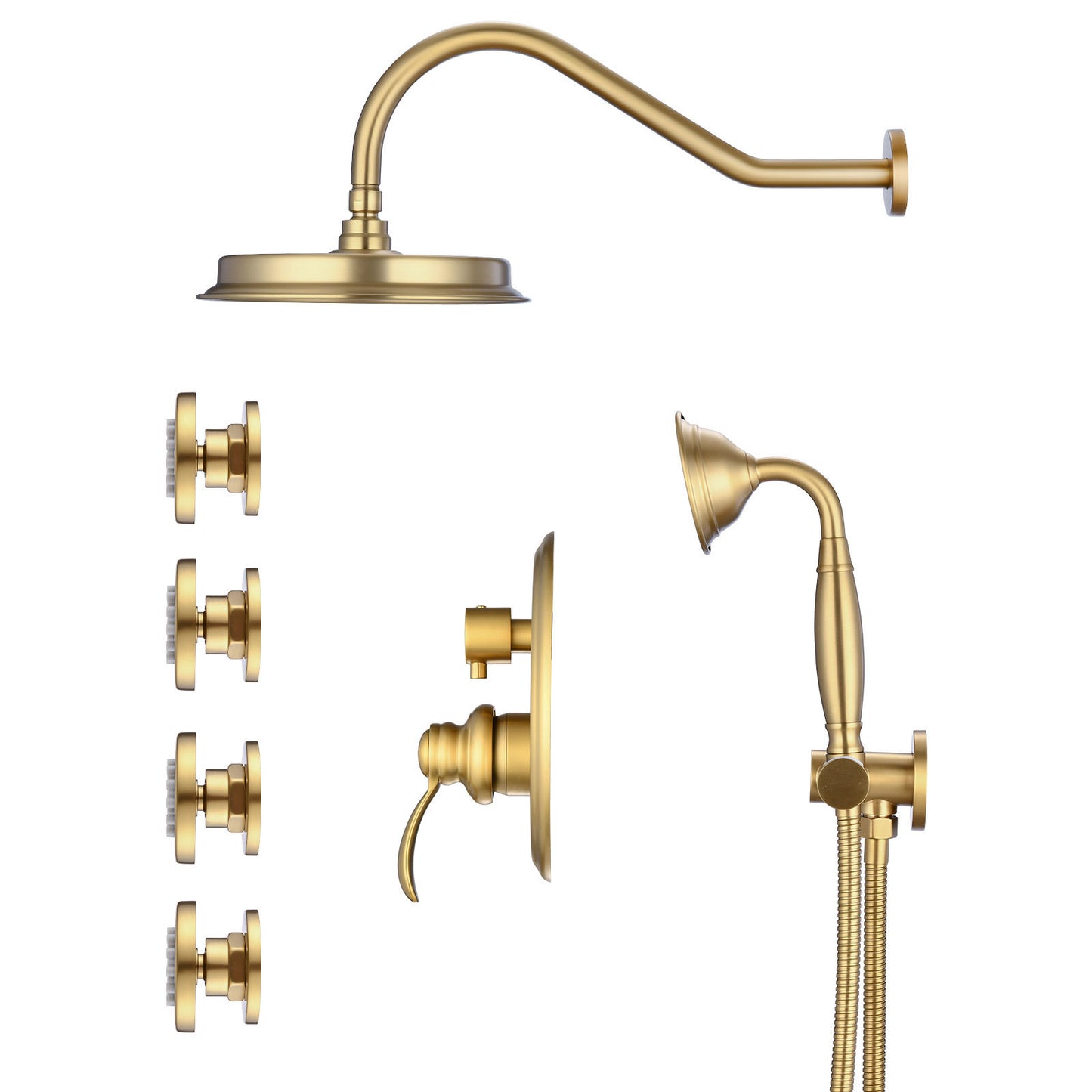 Single-Handle 4-Spray Patterns Bathroom Rain Shower Faucet with Body Jet Handshower in Brushed Gold (Valve Included)