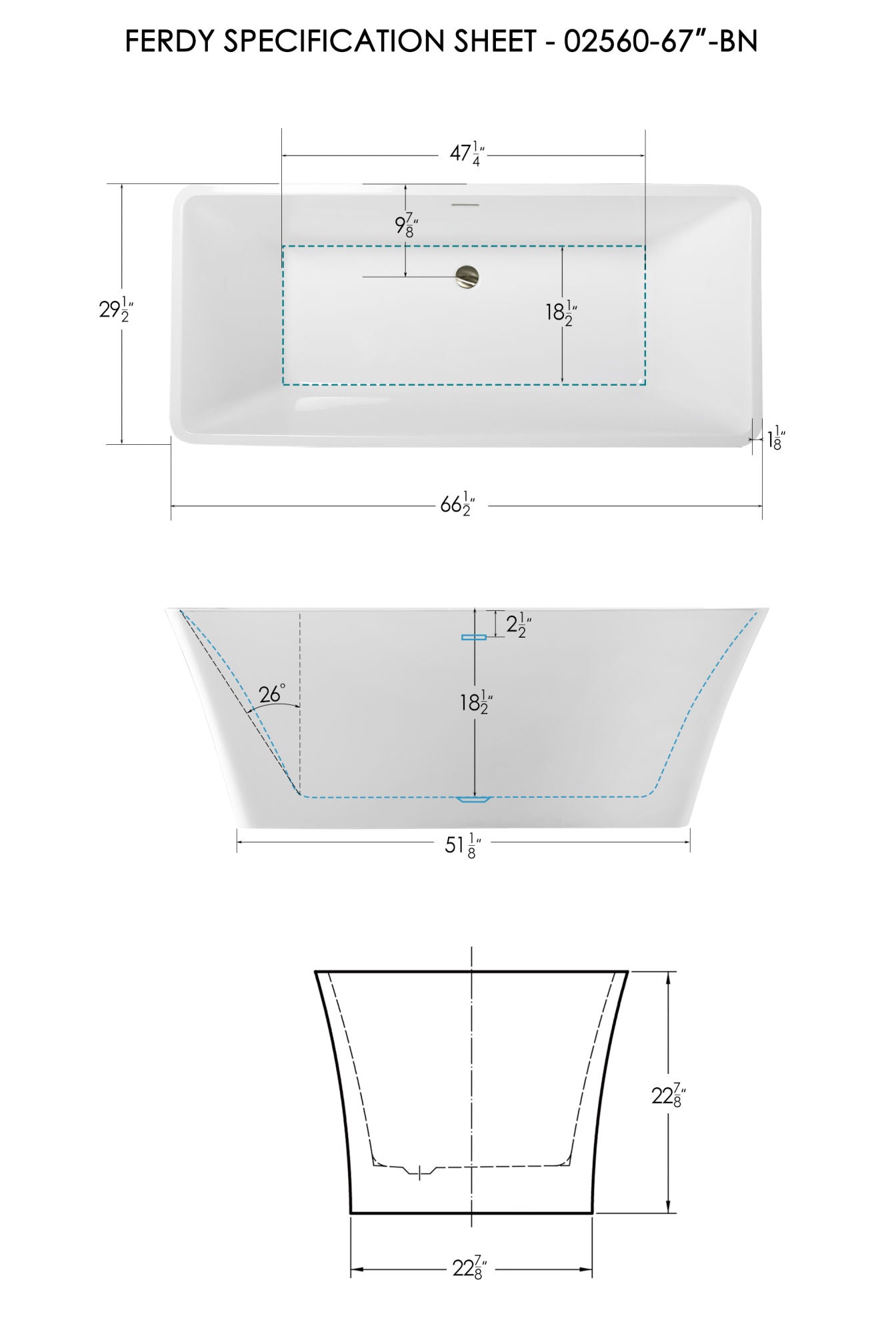 FerdY Sentosa Acrylic Freestanding Bathtub, Contemporary Design Soaking Tub with Brushed Nickel Drain and Minimalist Linear Design Overflow, Easy to Install, 02560