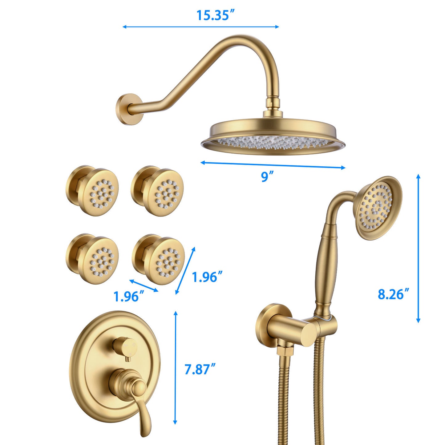 Single-Handle 4-Spray Patterns Bathroom Rain Shower Faucet with Body Jet Handshower in Brushed Gold (Valve Included)