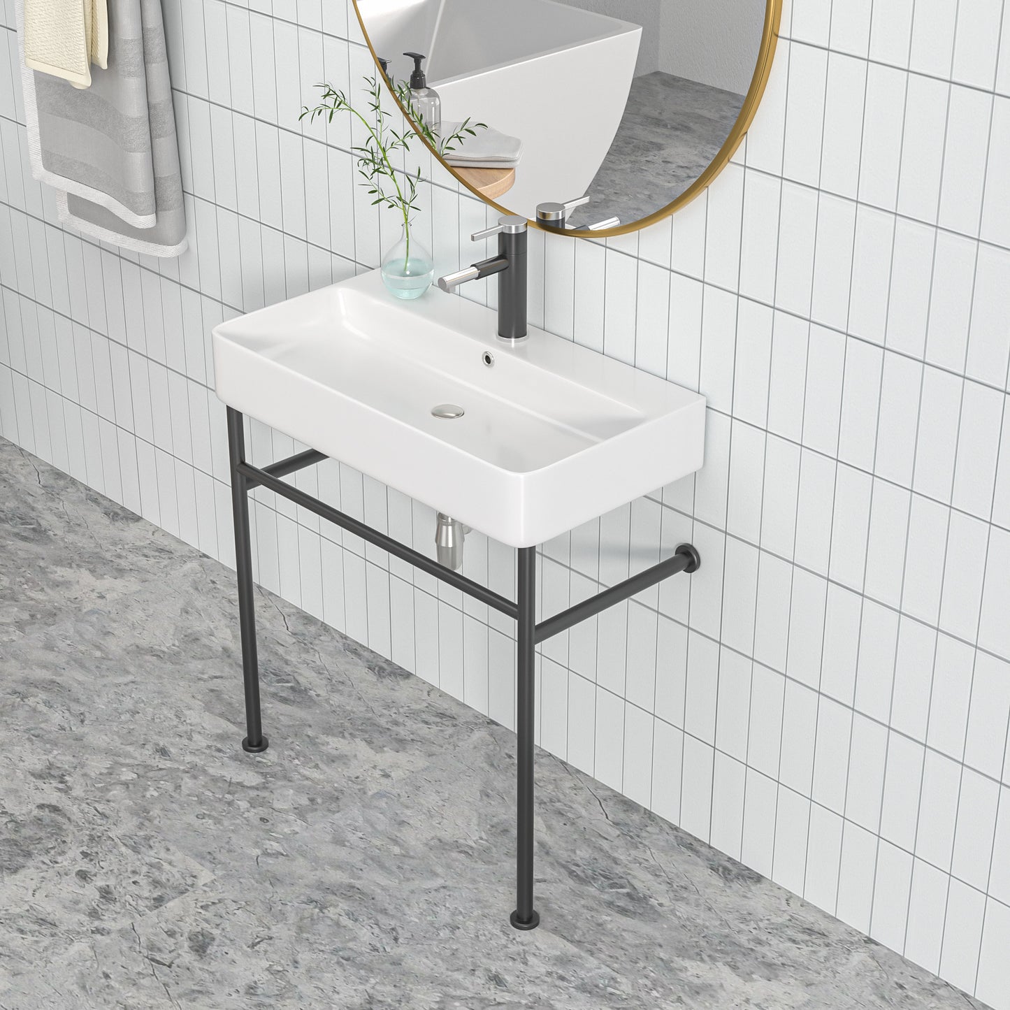 24\\\" Rectangular Bathroom Console Sink with Overflow,Wall Mounted Ceramic Console Sink White Basin with Steel Legs