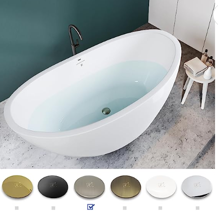 Freestanding Bathtub, Curve Edge Soaking Bathtub with Brushed Nickel Drain and Minimalist Linear Design Overflow, Easy to Install