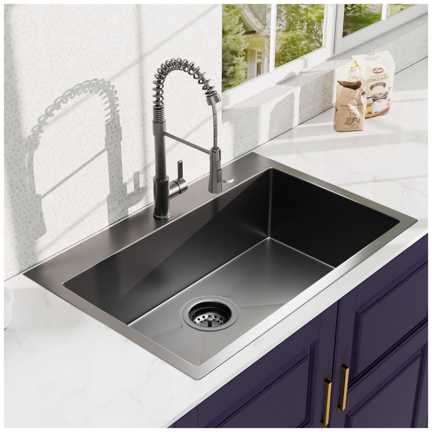 33Inch Topmount 18Gauge Stainless Steel kitchen Sink With Black Spring Neck Faucet