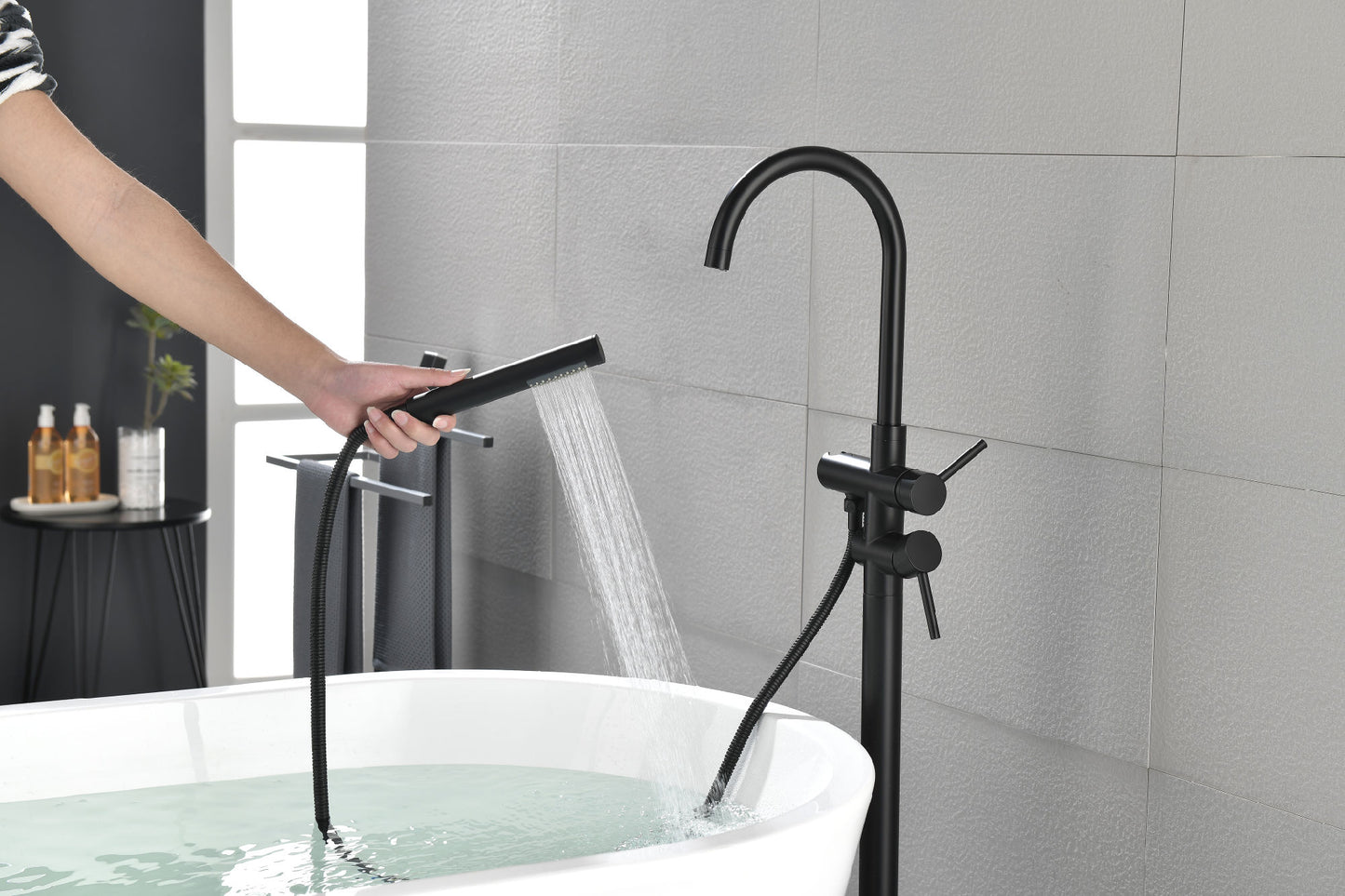 Mount Bathtub Faucet Freestanding Tub Filler Matte Black Standing High Flow Shower Faucets with Handheld Shower Mixer Taps Swivel Spout