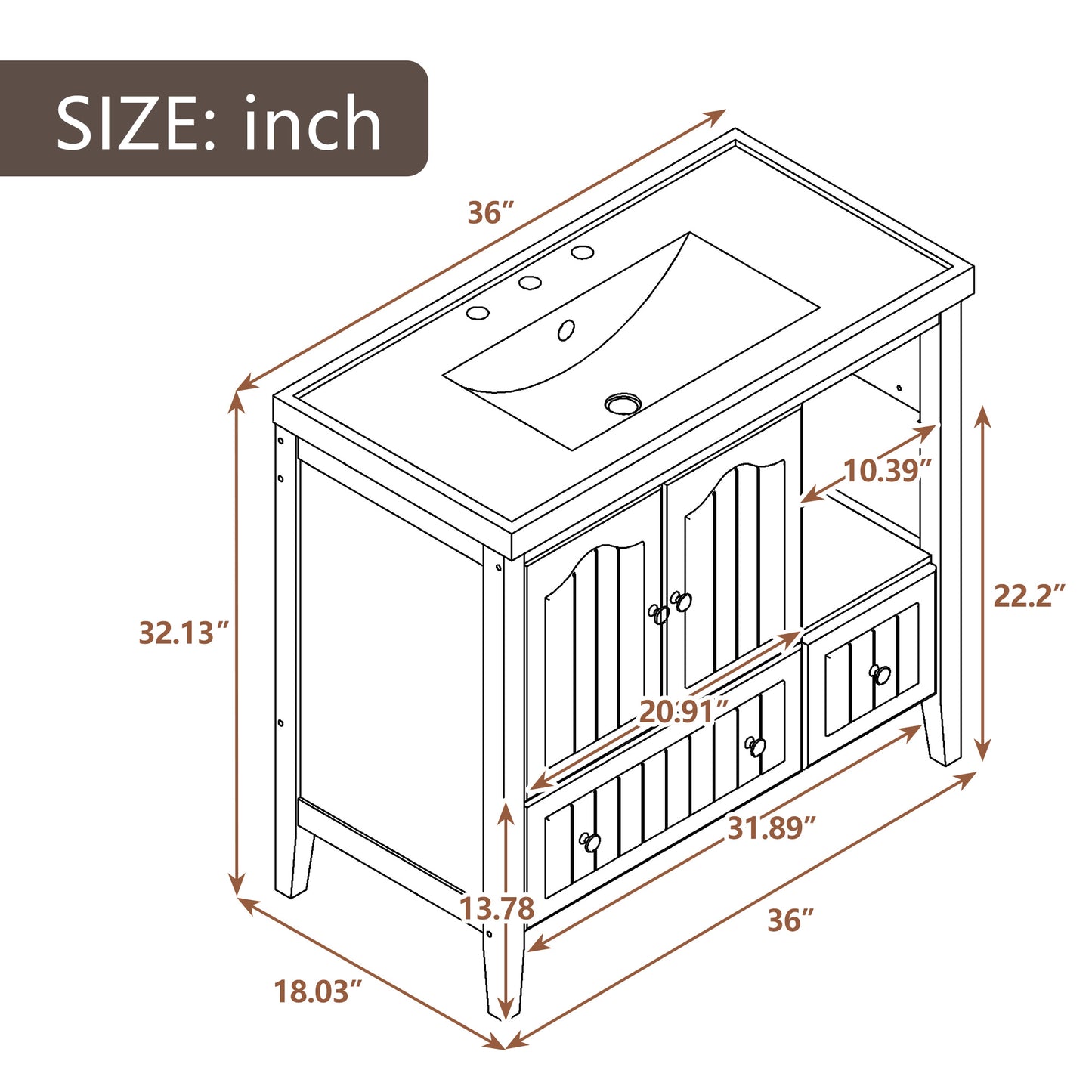 36" Bathroom Vanity Base Only, Solid Wood Frame and MDF Boards, Brown