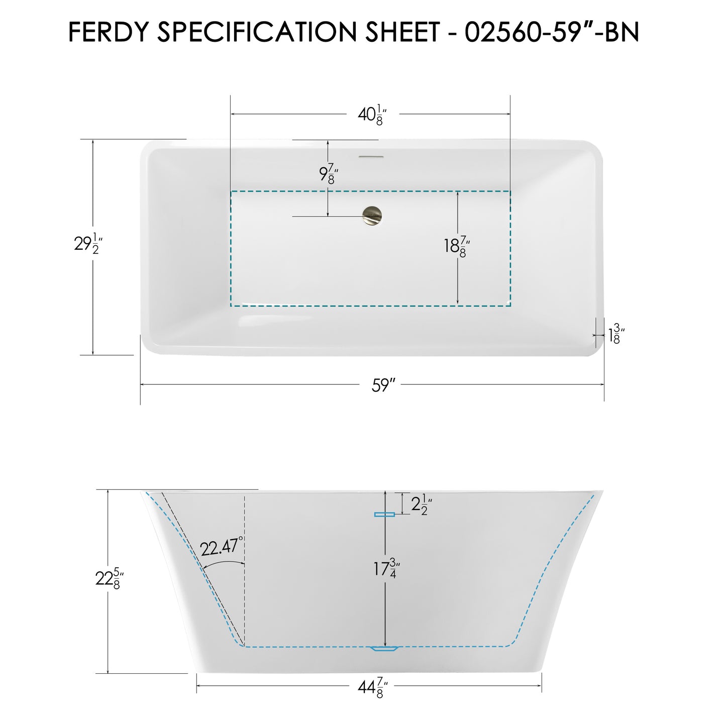 FerdY Sentosa Acrylic Freestanding Bathtub, Contemporary Design Soaking Tub with Brushed Nickel Drain and Minimalist Linear Design Overflow, Easy to Install, 02560