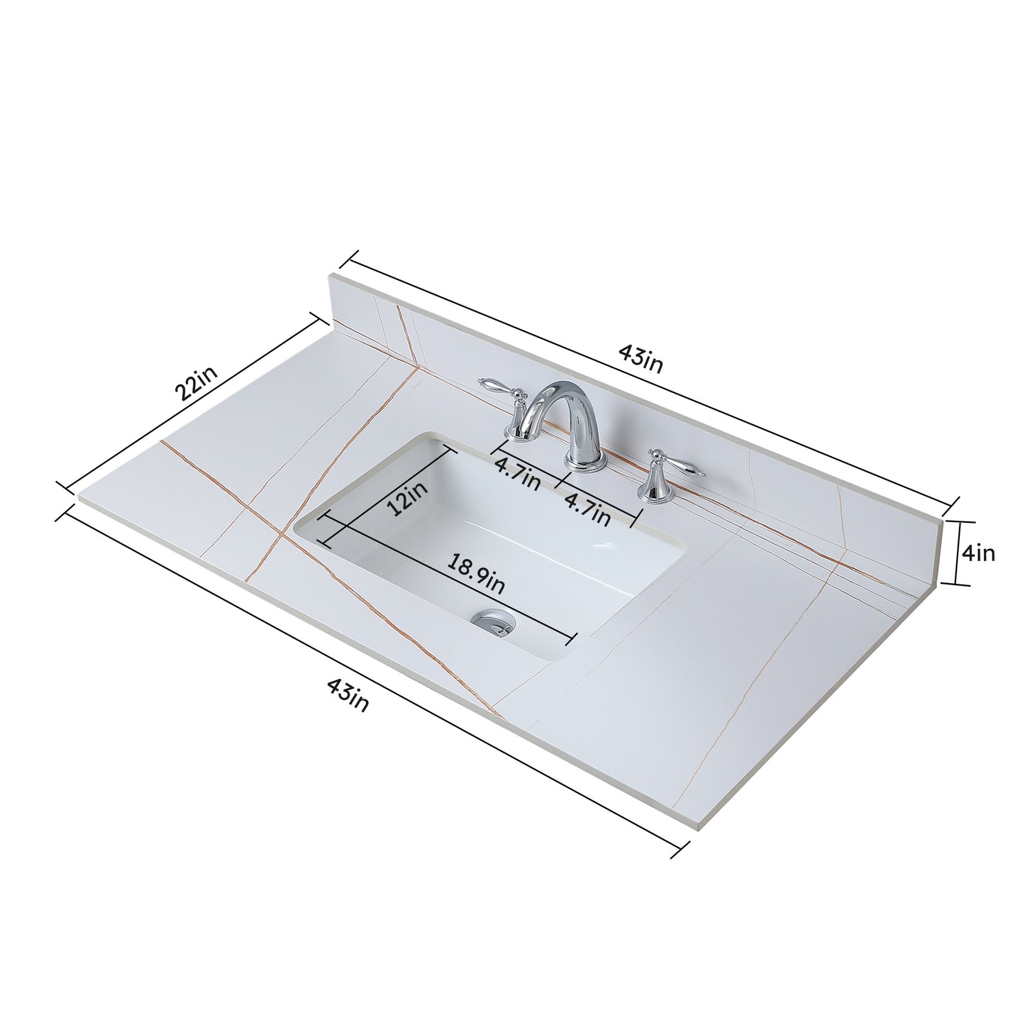 43inch bathroom stone vanity top black gold/stone carrara gold color with undermount ceramic sink and three faucet hole with backsplash