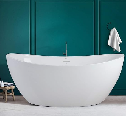 Freestanding Bathtub, Curve Edge Soaking Bathtub with Brushed Nickel Drain and Minimalist Linear Design Overflow, Easy to Install