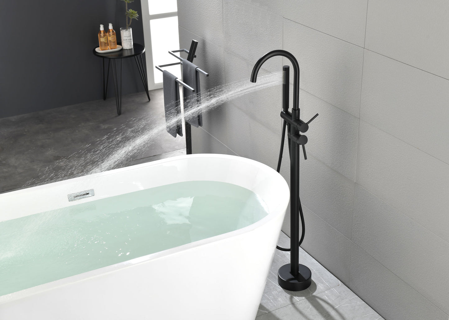 Mount Bathtub Faucet Freestanding Tub Filler Matte Black Standing High Flow Shower Faucets with Handheld Shower Mixer Taps Swivel Spout