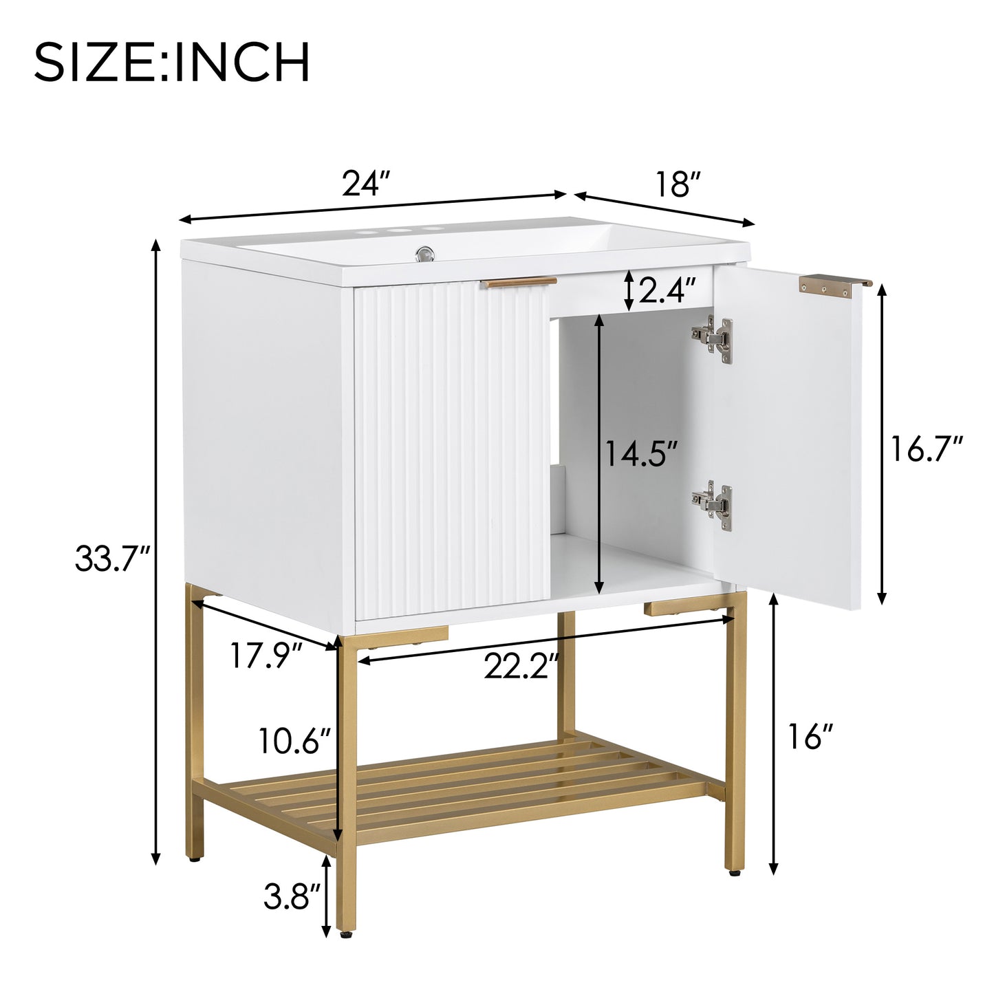 24" Bathroom Vanity with Sink, Bathroom Vanity Cabinet with Two Doors and Gold Metal Frame, Open Storage Shelf