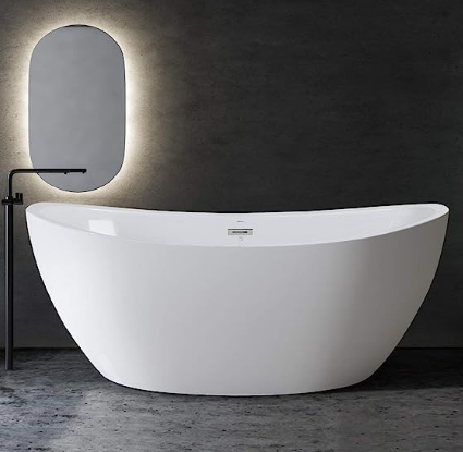 Freestanding Bathtub, Curve Edge Soaking Bathtub with Brushed Nickel Drain and Minimalist Linear Design Overflow, Easy to Install