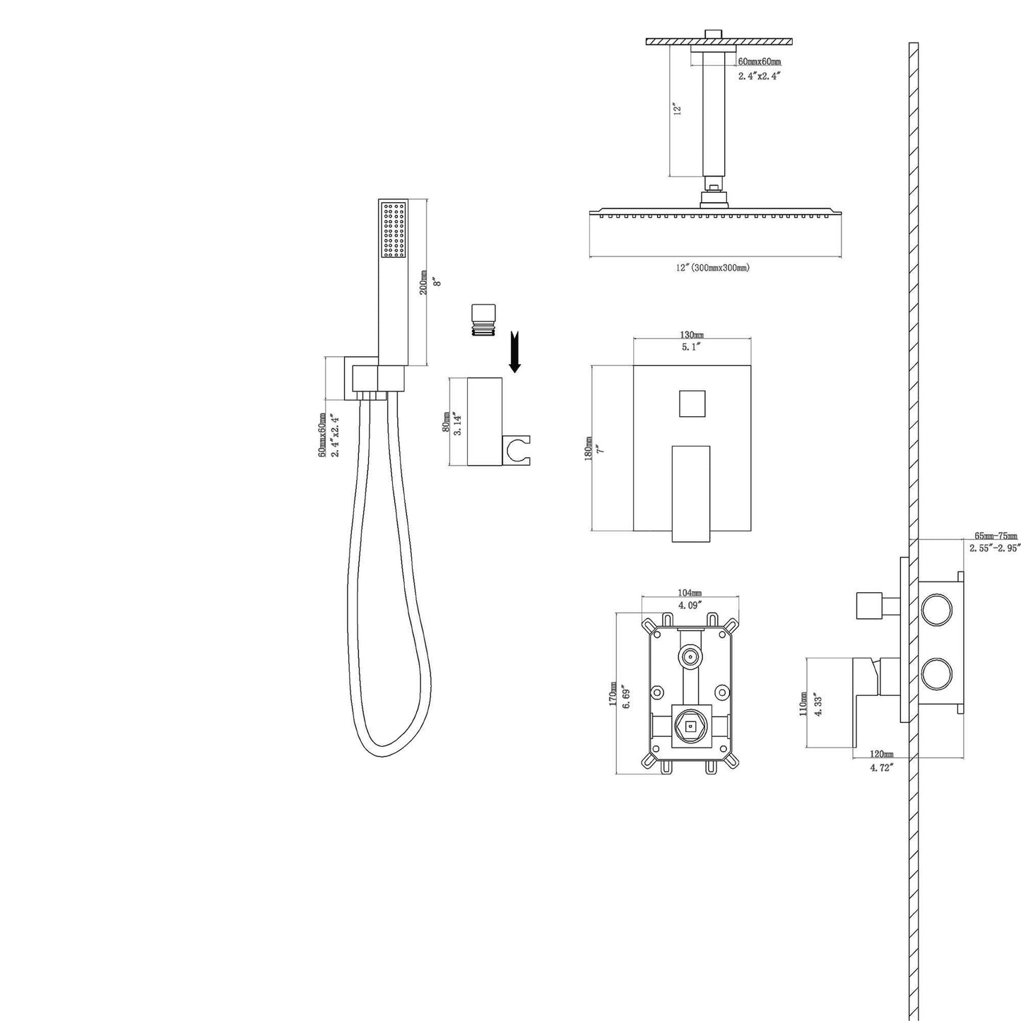 Dual Shower Head - 12 Inch Ceiling Mount Square Shower System with Rough-in Valve, Gold