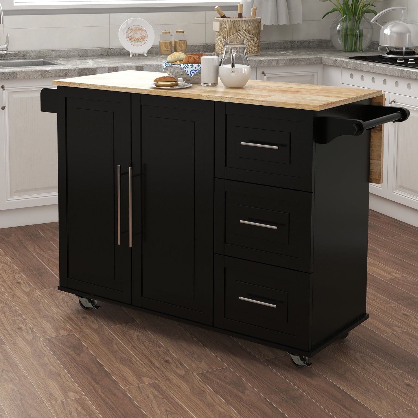Kitchen Island with Spice Rack; Towel Rack and Extensible Solid Wood Table Top-Black