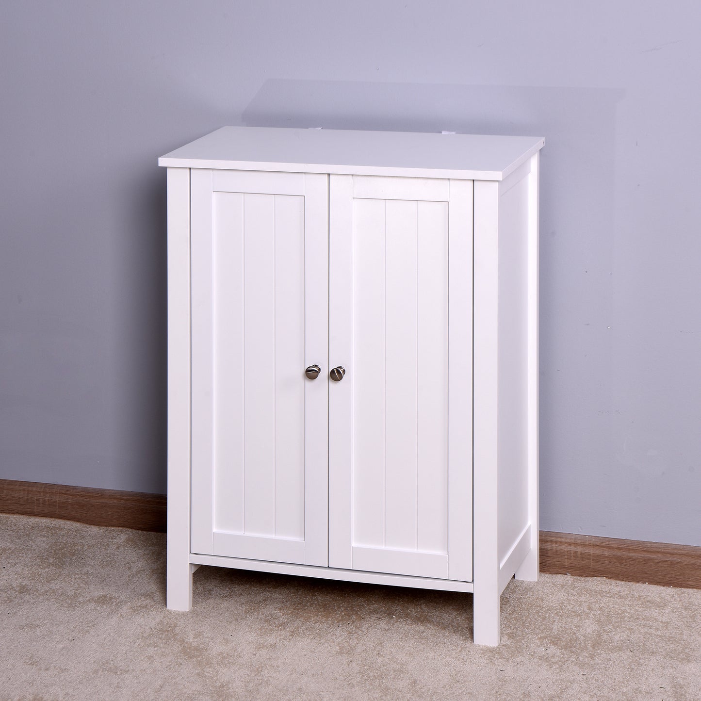 Bathroom Floor Storage Cabinet with Double Door Adjustable Shelf; White