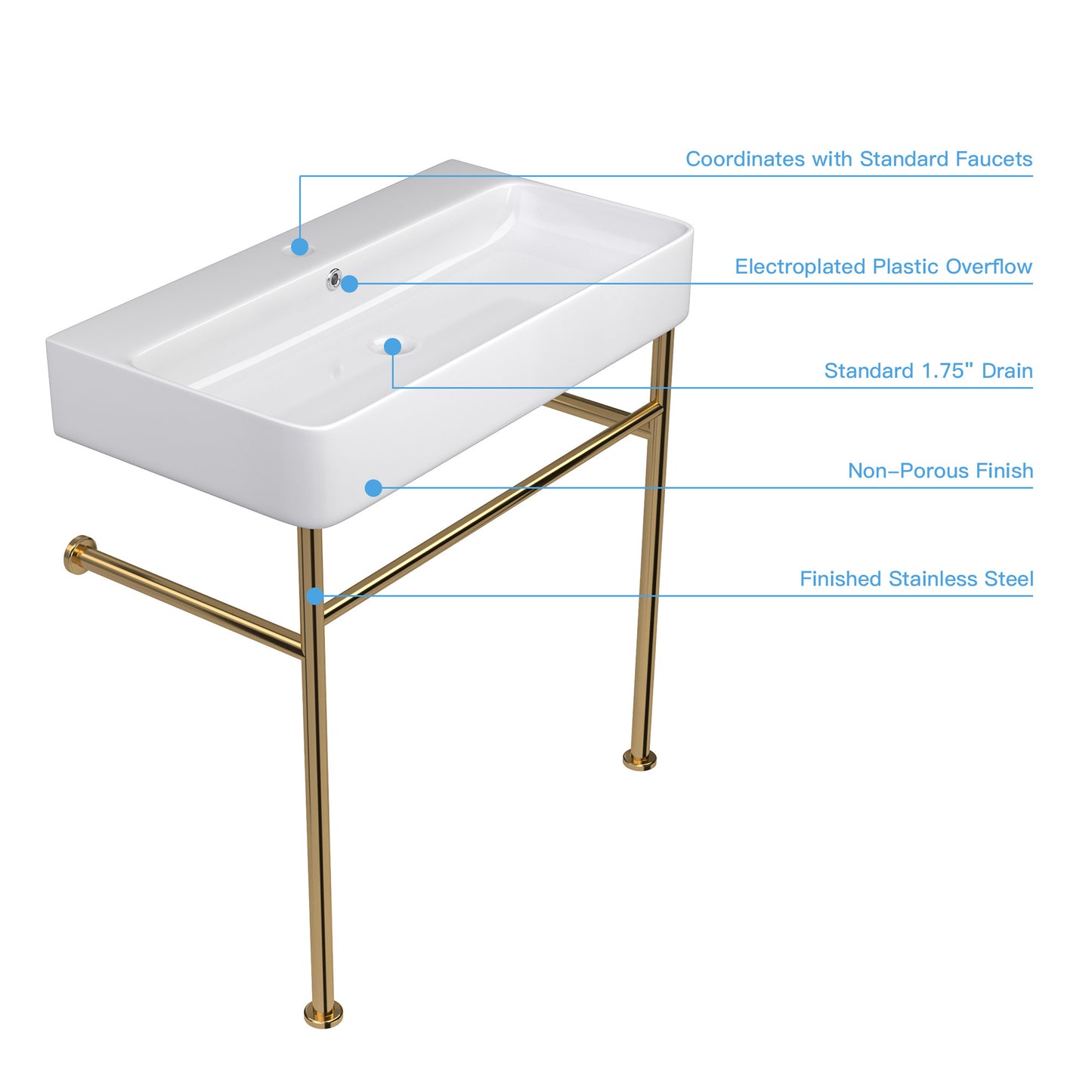 24\\\" Rectangular Bathroom Console Sink with Overflow,Wall Mounted Ceramic Console Sink White Basin with Steel Legs