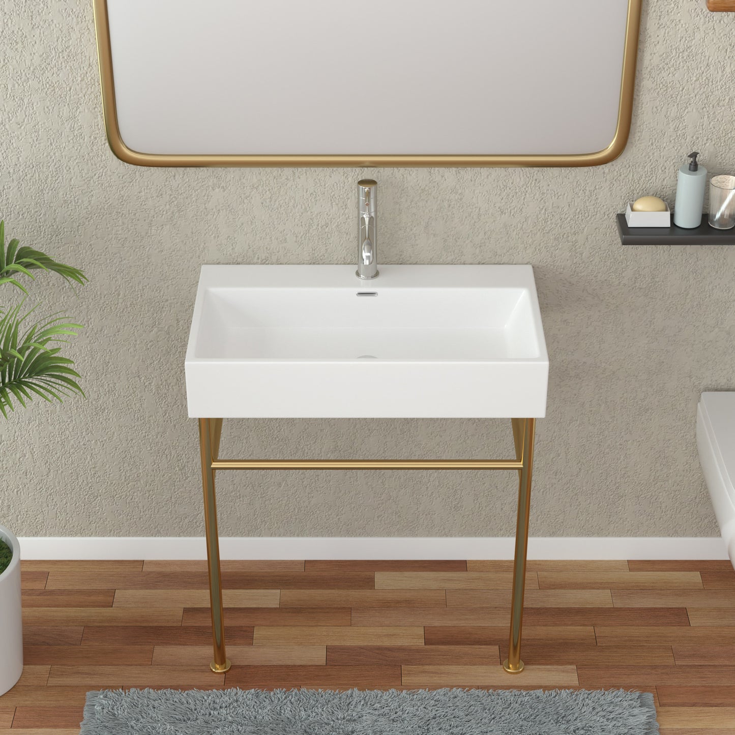 24\\\" Rectangular Bathroom Console Sink with Overflow,Wall Mounted Ceramic Console Sink White Basin with Steel Legs