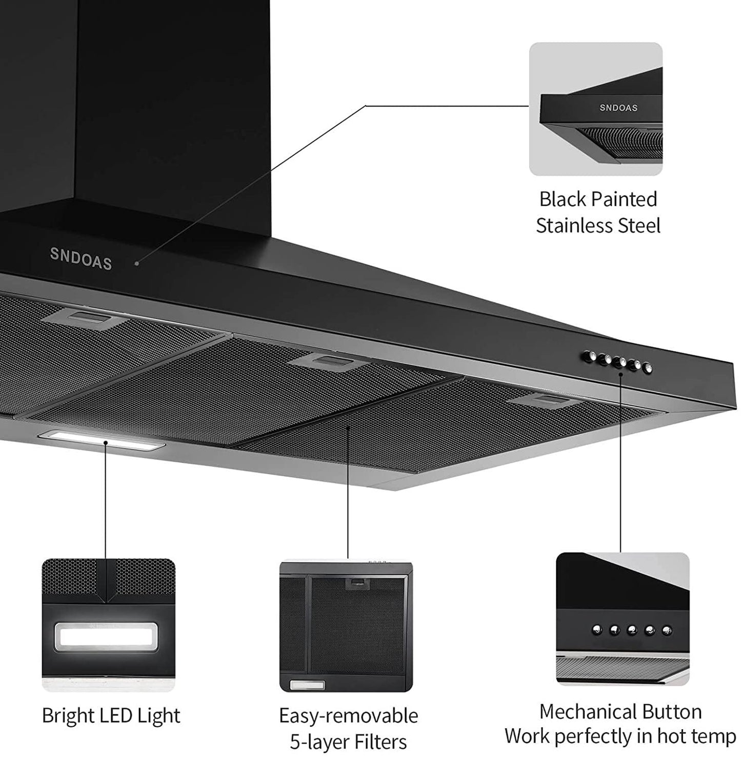 Range Hood 36 inch Black Wall Mount Range Hood in Black Stainless Steel Kitchen Vent Hood