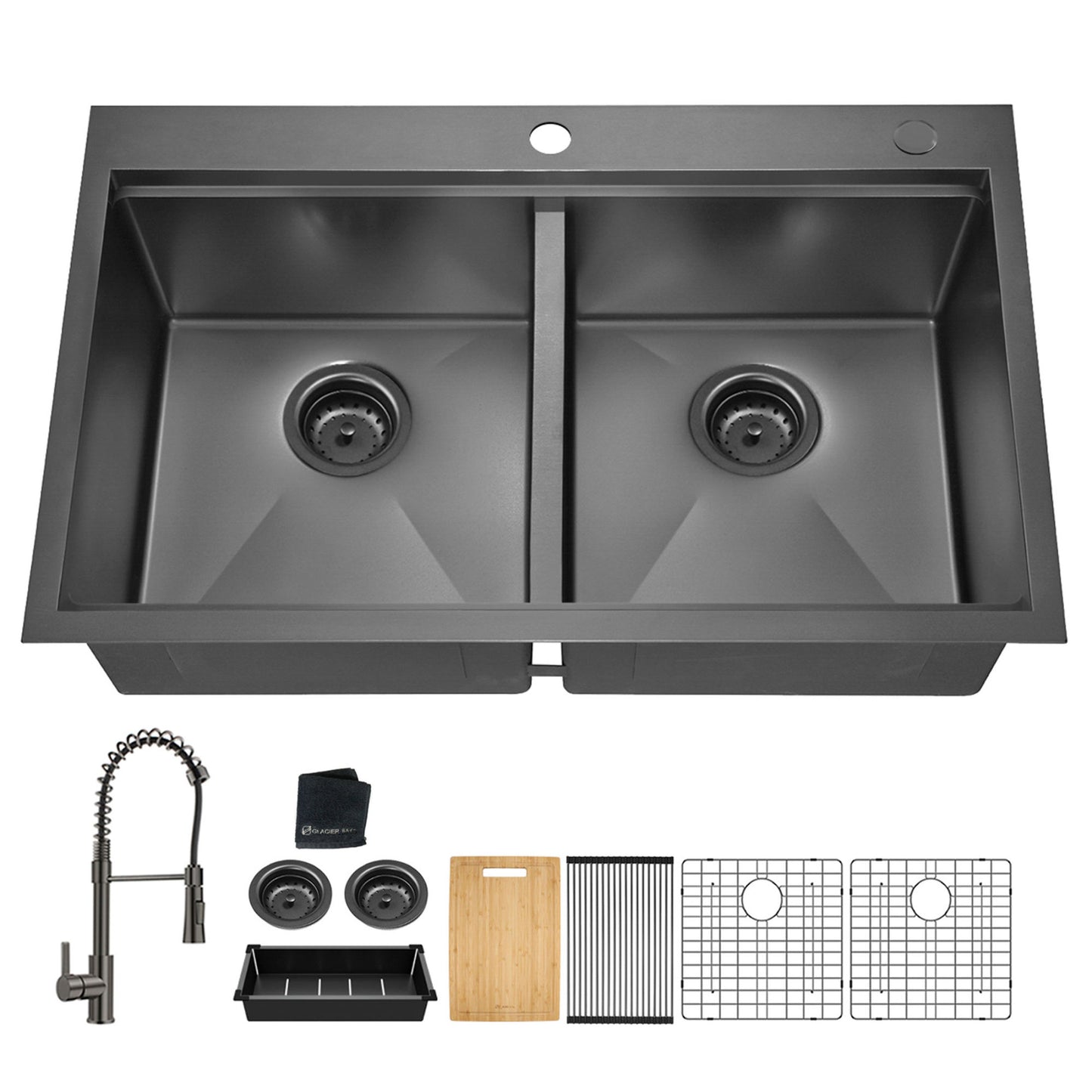 33x22 Inch Gunmetal Black Topmount Double Bowl Workstation Kitchen Sink 18 Gauge Stainless Steel With Black Faucet