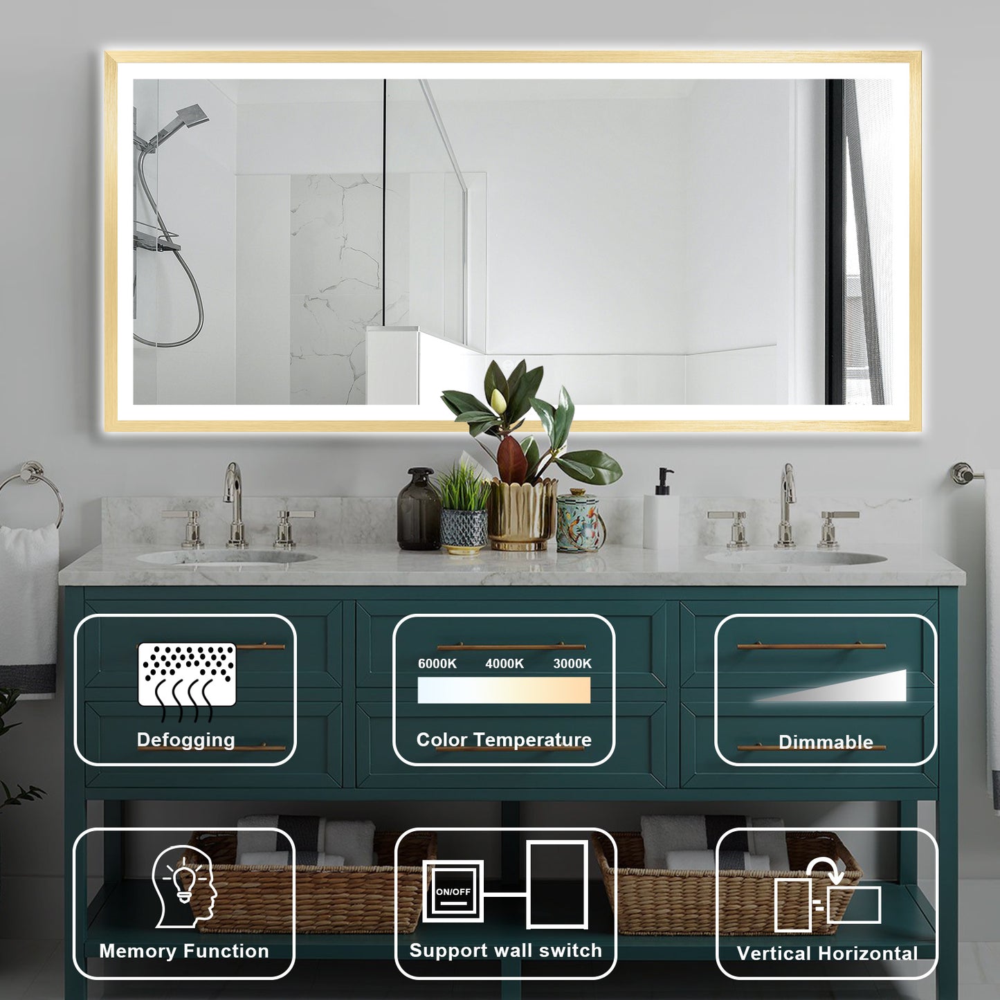 4 Size LED Bathroom Mirror;  Backlit and Front Lighted Mirror for Bathroom;  Wall Mounted Bathroom Vanity Framed Mirror Includes Dimmer;  ; Defogger;  Vertical / Horizontal