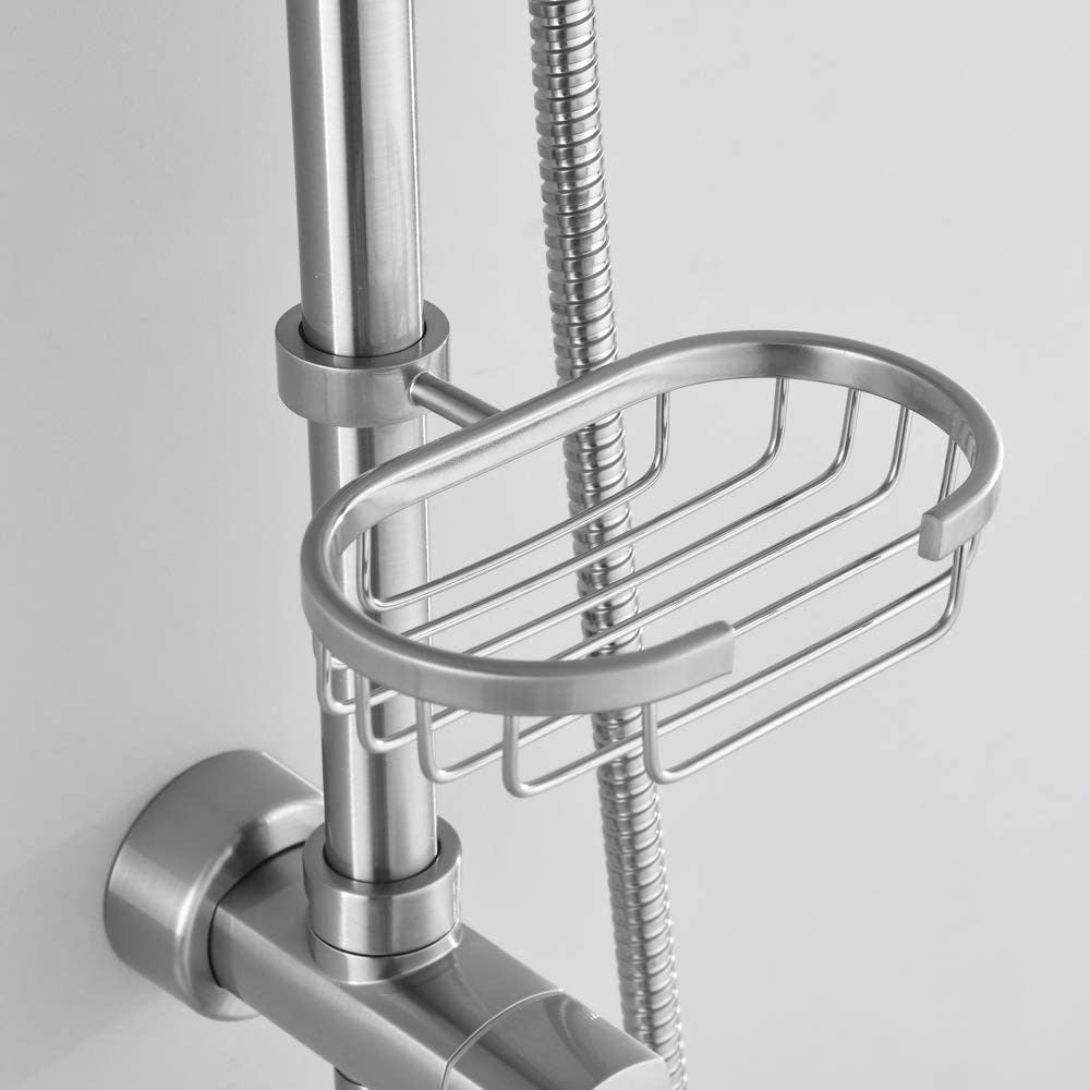 8 inch Wall Mount Dual Shower Heads with Soap Dish in Brushed Nickel, 5-Function Hand Shower