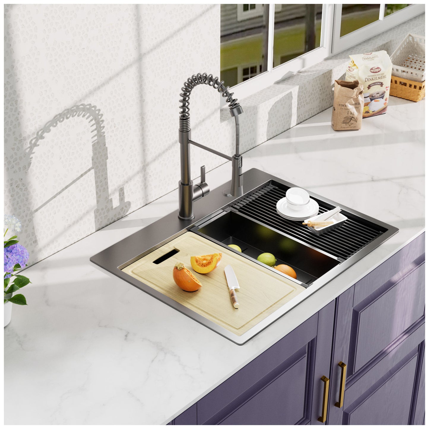 32x22inch Gunmetal Black workstation 18Gauge 304 Stainless Steel kitchen sink with Black Spraing Neck faucet