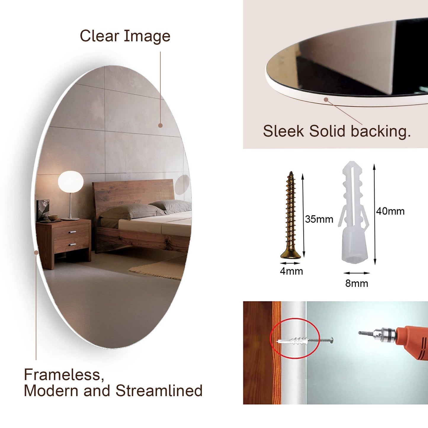 Frameless Beveled Wall Mounted Bathroom Mirror, HD Makeup Mirror, 25" Round Mirror