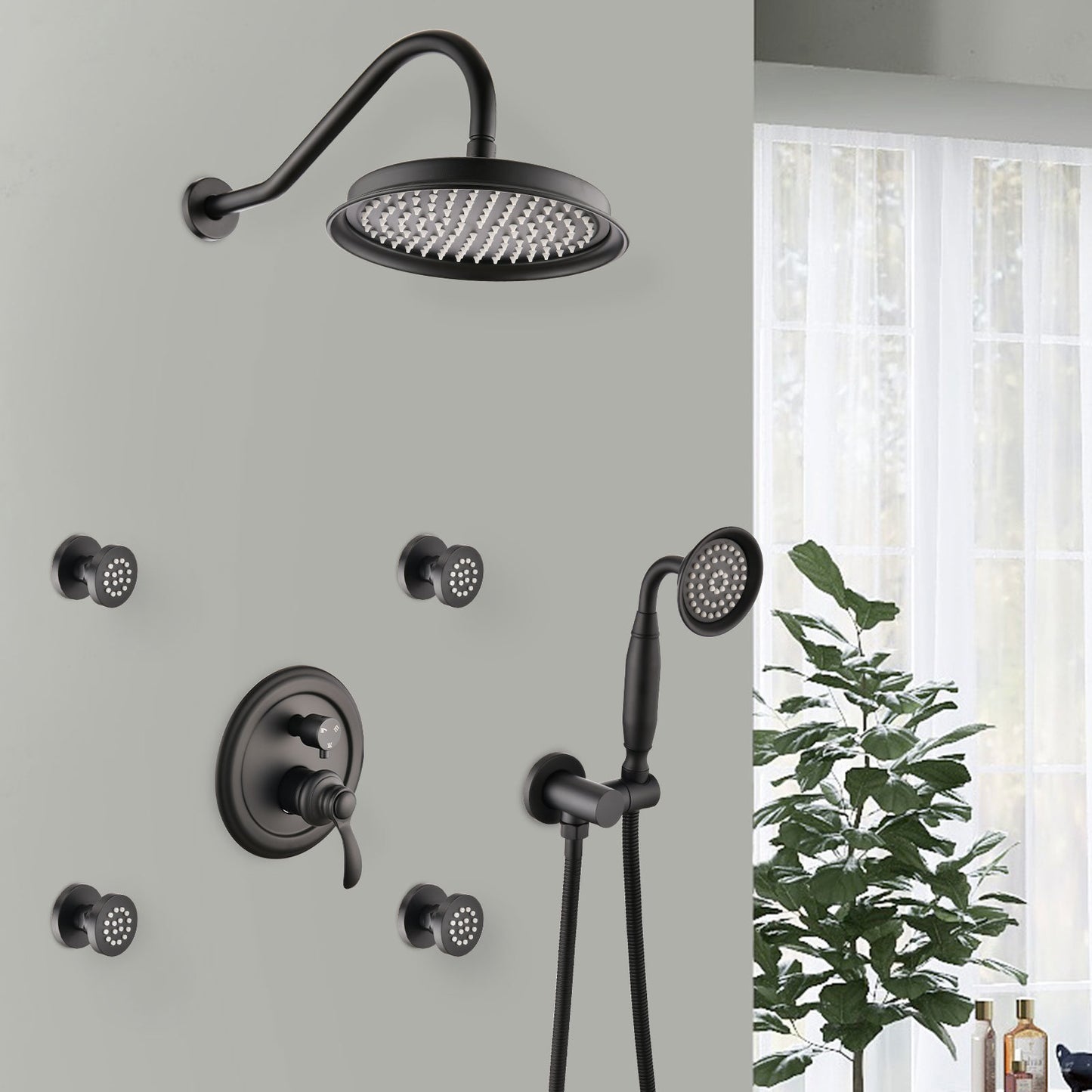 Single-Handle 4-Spray Patterns Bathroom Rain Shower Faucet with Body Jet Handshower in Matte Black (Valve Included)