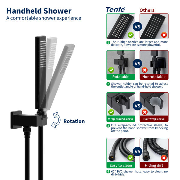 Male NPT Waterfall Shower head with Handheld, Matte Black Bathtub Shower Faucet with High Flow Wall Mount Tub Faucet, Single Handle Bathroom Tub Mixer Tap Hand Shower System with Curved Spout Commerci
