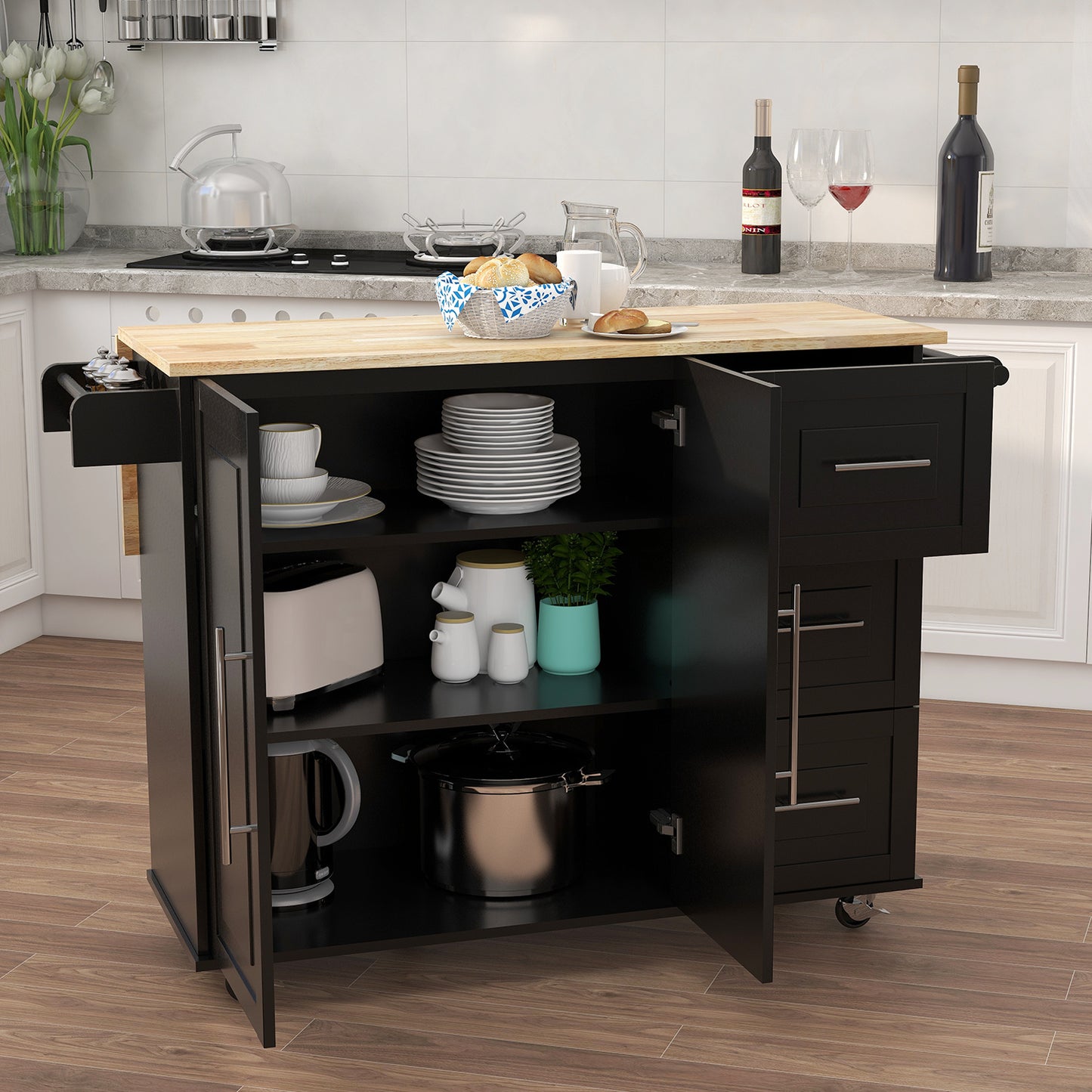 Kitchen Island with Spice Rack; Towel Rack and Extensible Solid Wood Table Top-Black