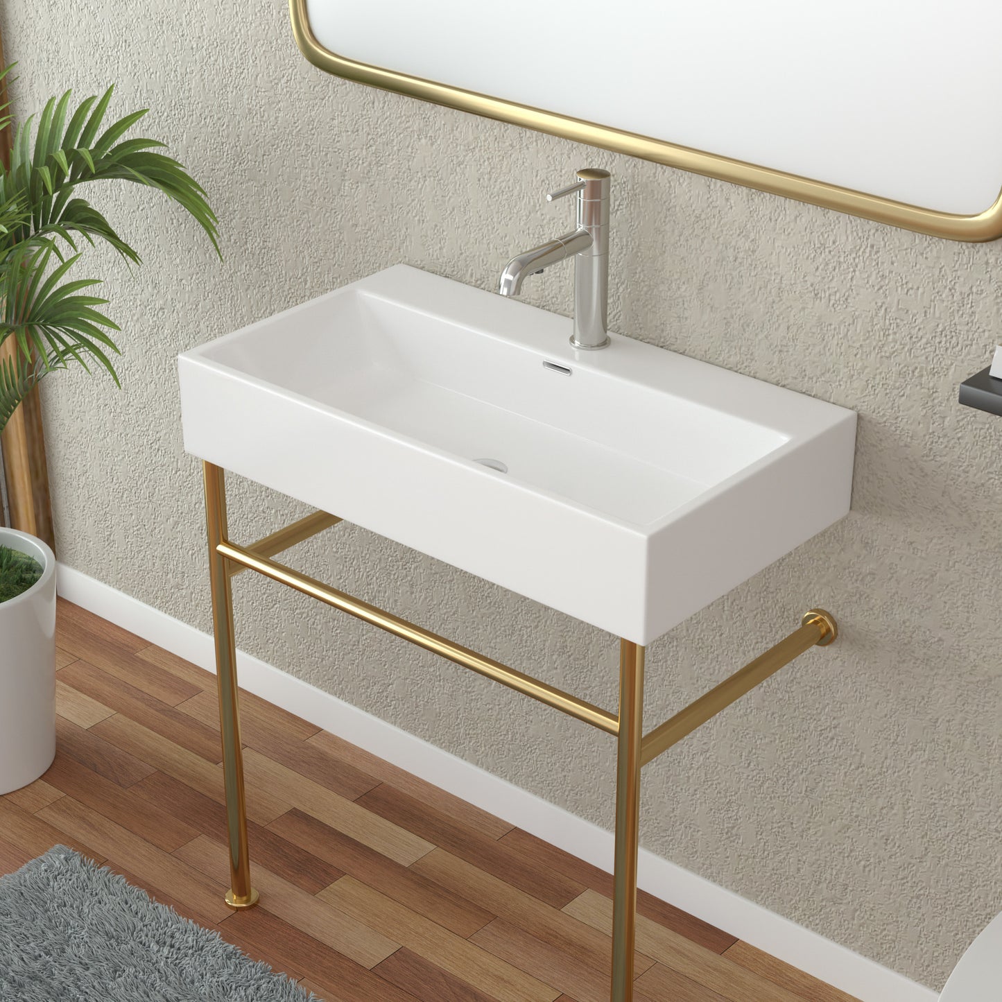 24\\\" Rectangular Bathroom Console Sink with Overflow,Wall Mounted Ceramic Console Sink White Basin with Steel Legs