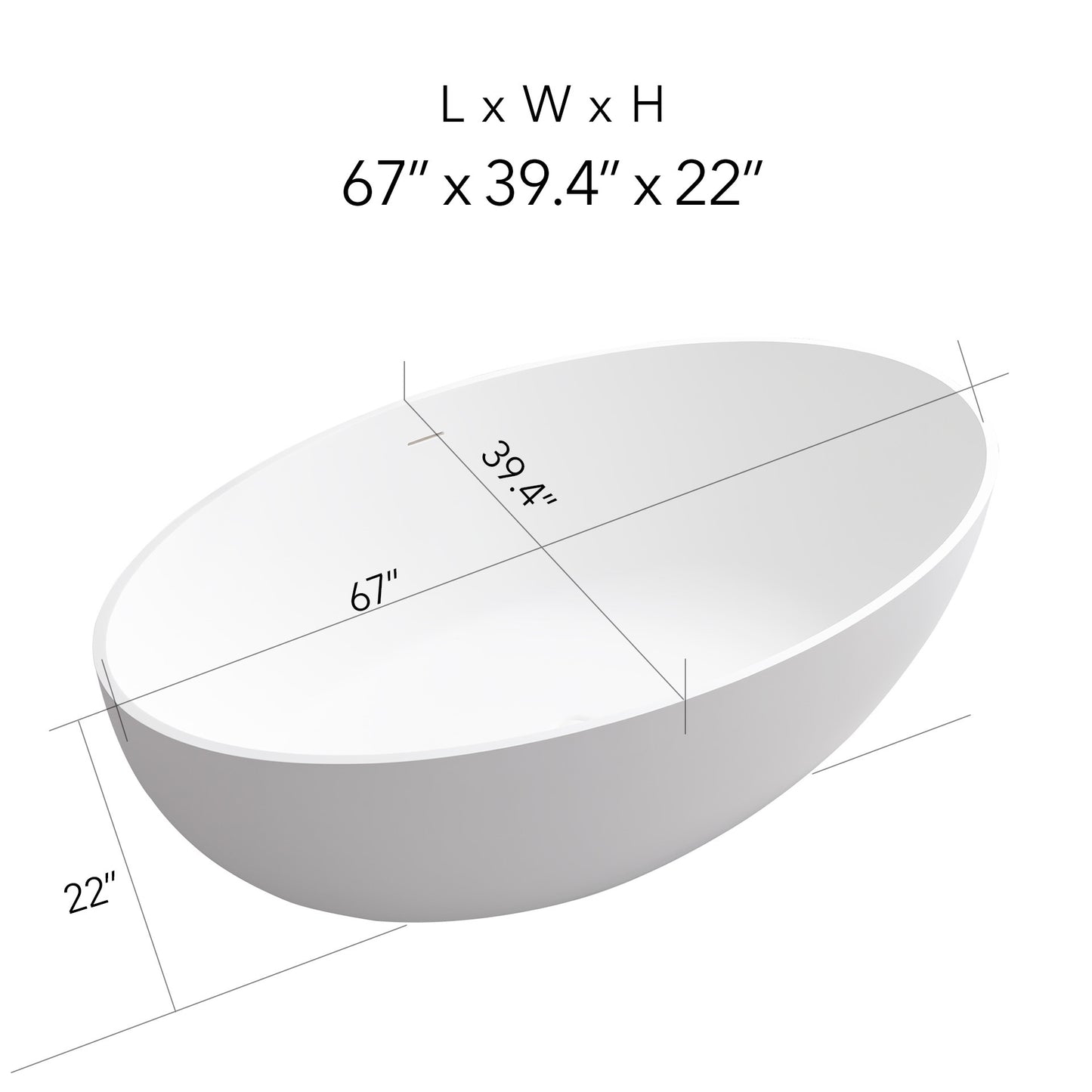 FRALIMK 67" x 39.4" x 22.05" Flat Bottom Oval Freestanding Resin Stone Bath;  Solid Surface Non-slip Matte White