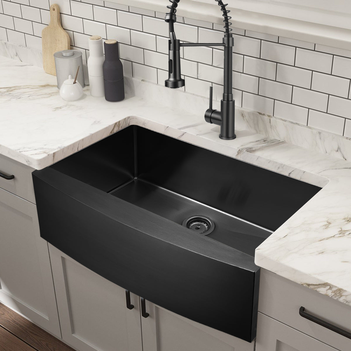 American Farmhouse Sink Gunmetal Black Surface/Stainless Steel Surface Kitchen Sink ;  Apron Front Kitchen Handmade Sink with Drain