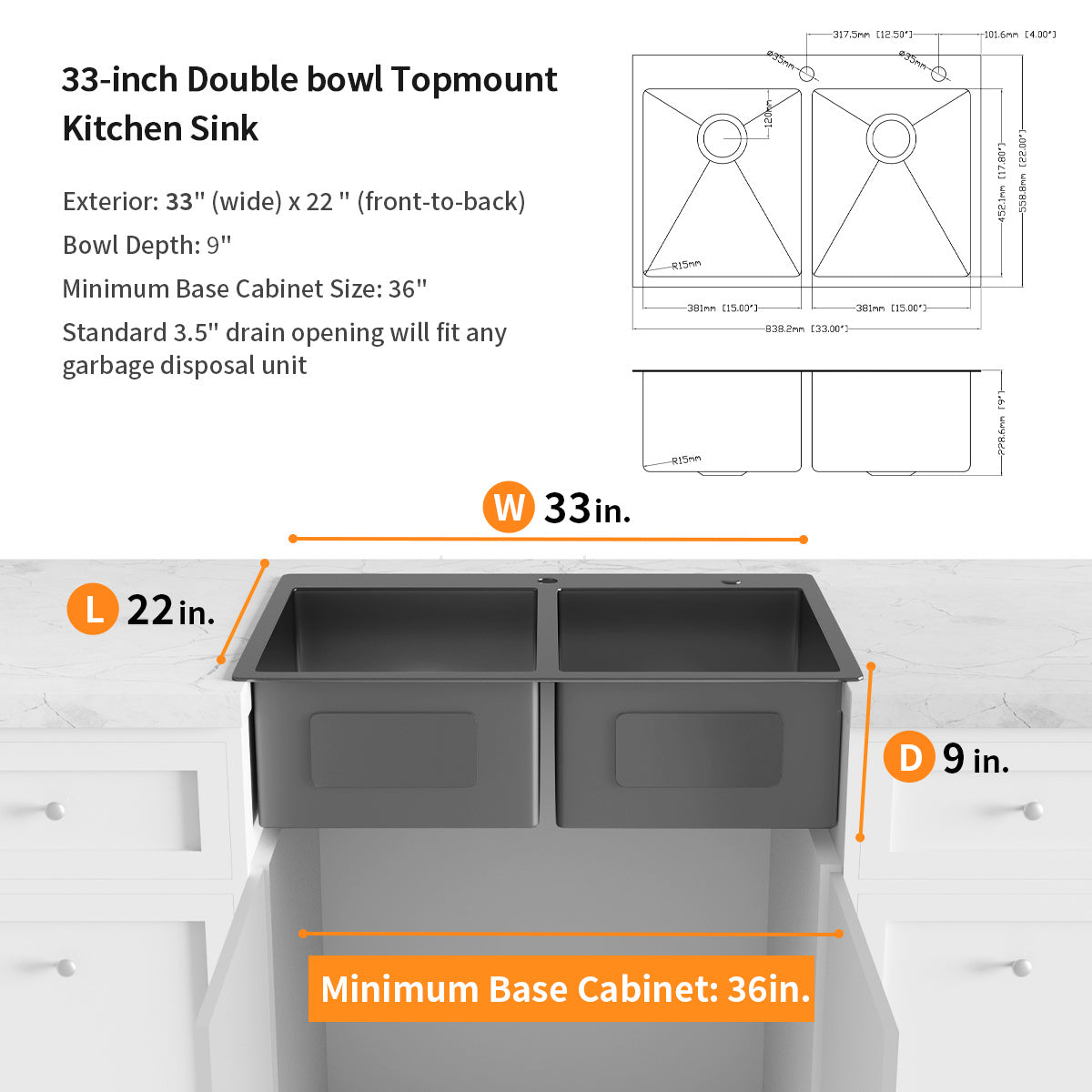 Aqucubic Gunmetal Black CUPC Handmade 304 Stainless Steel Topmount Kitchen Sink with Accessories and faucet