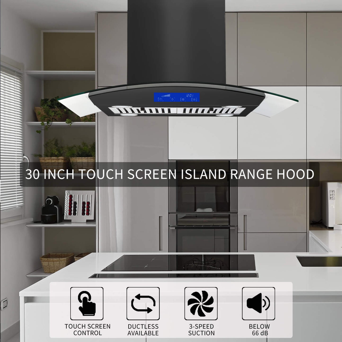 30 inch Stainless Steel Kitchen Island Range Hood 900CFM Tempered Glass 3 Speed Black LEDs