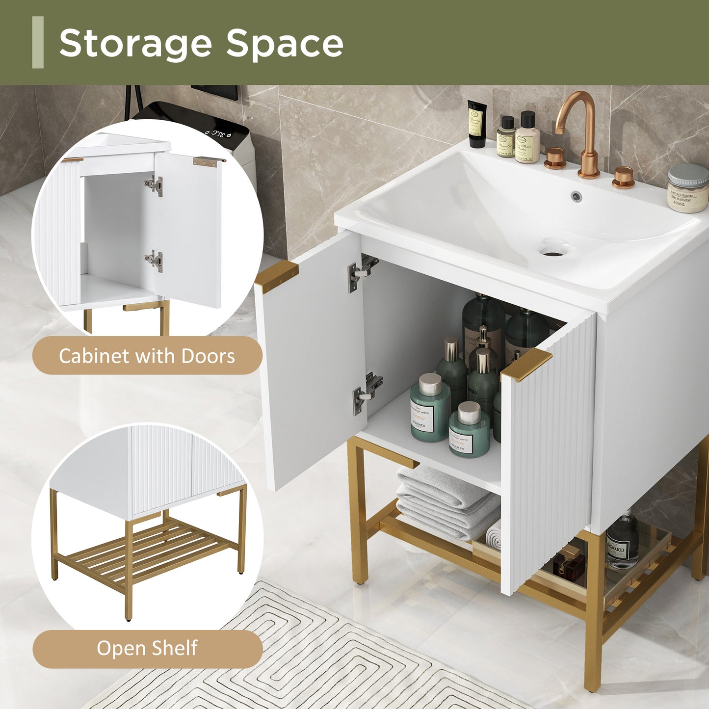 24" Bathroom Vanity with Sink, Bathroom Vanity Cabinet with Two Doors and Gold Metal Frame, Open Storage Shelf