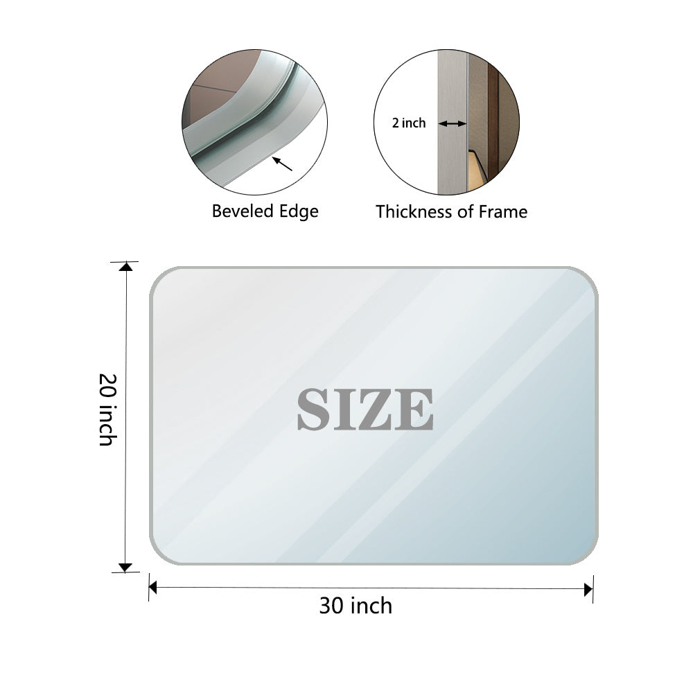 30x20inch Glossy Brushed Silver Rounded Corner Rectangle Bathroom Mirror For Wall Metal Frame Deep Set Design Hangs Wall Mounted Bathroom Mirror(Horizontal & Vertical)