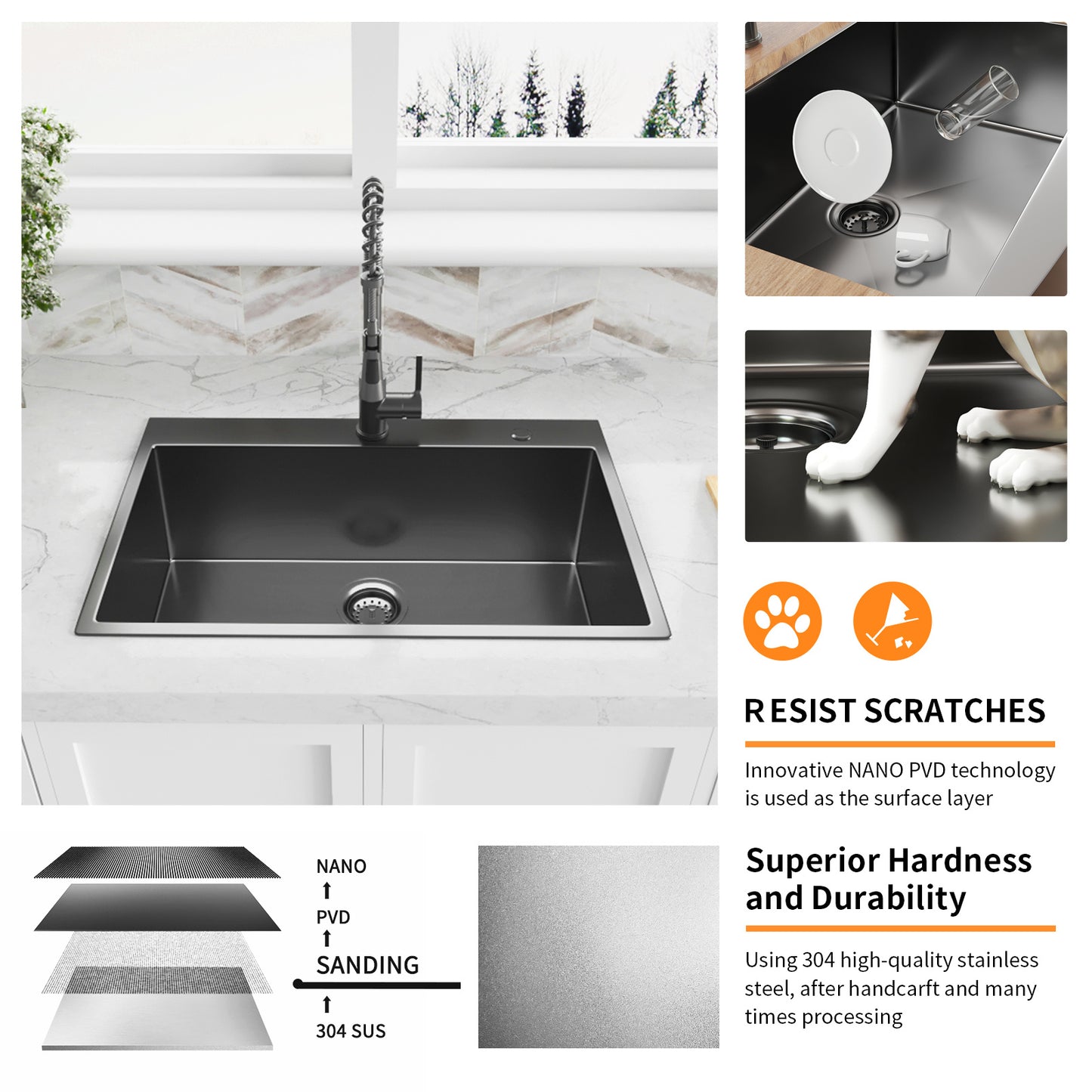 Aqucubic Gunmetal Black CUPC Handmade 304 Stainless Steel Topmount Kitchen Sink with Accessories and faucet