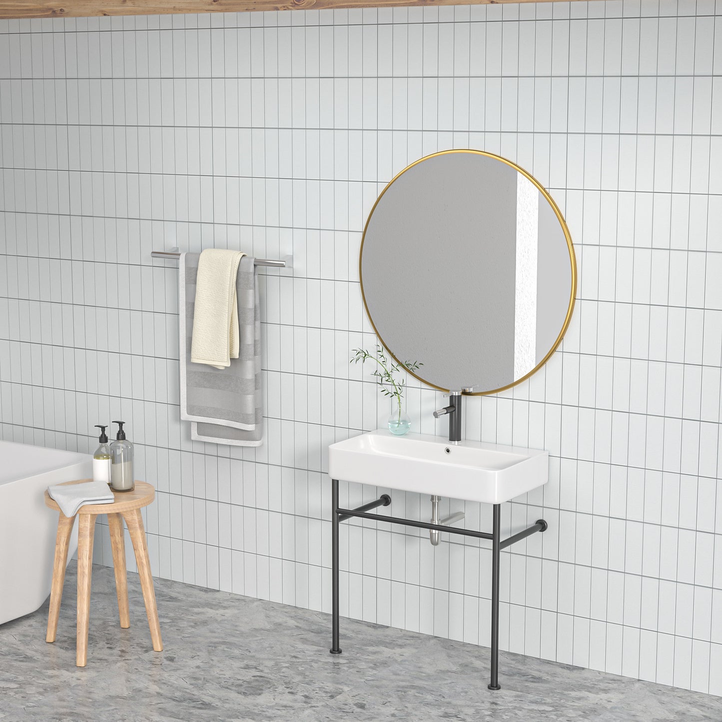 24\\\" Rectangular Bathroom Console Sink with Overflow,Wall Mounted Ceramic Console Sink White Basin with Steel Legs