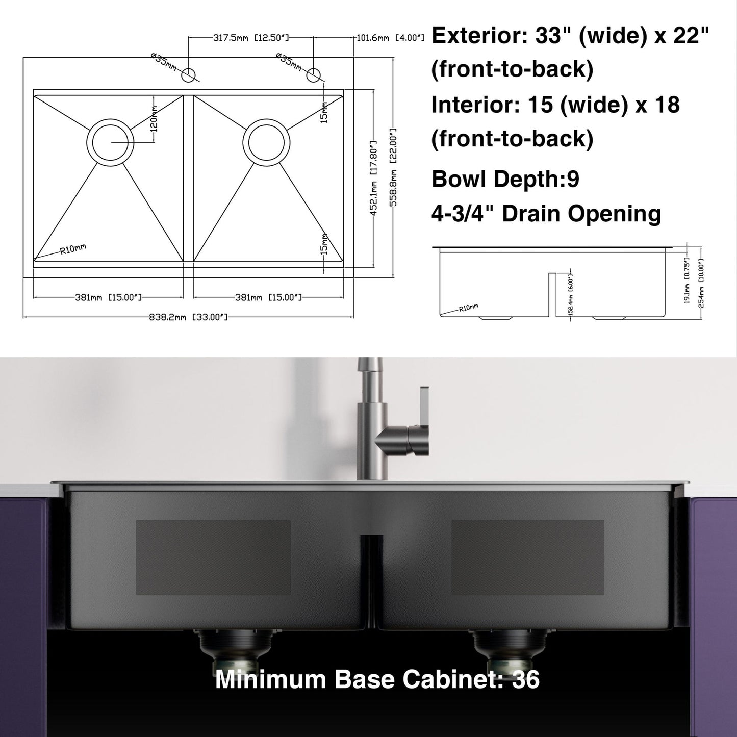 33x22 Inch Gunmetal Black Topmount Double Bowl Workstation Kitchen Sink 18 Gauge Stainless Steel With Black Faucet