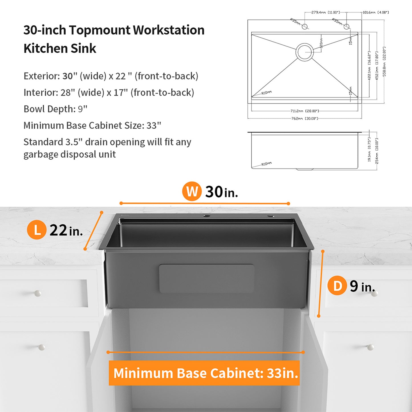 Aqucubic Gunmetal Black CUPC Handmade 304 Stainless Steel Topmount Kitchen Sink with Accessories and faucet