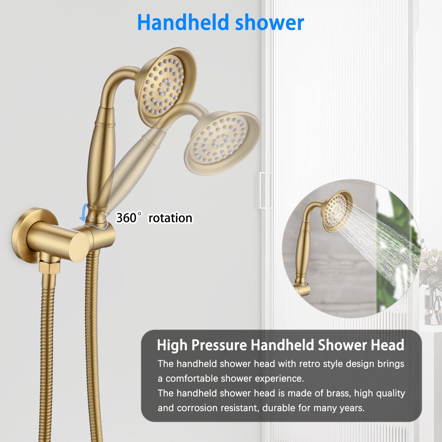 Single-Handle 4-Spray Patterns Bathroom Rain Shower Faucet with Body Jet Handshower in Brushed Gold (Valve Included)