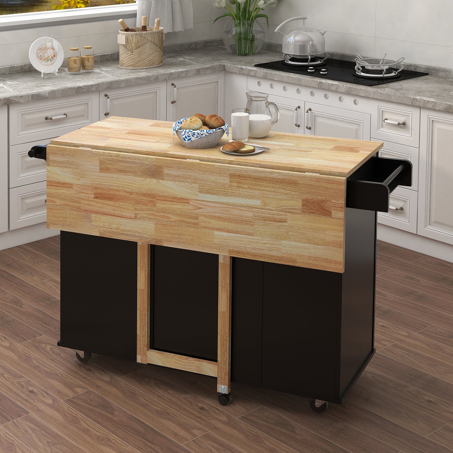 Kitchen Island with Spice Rack; Towel Rack and Extensible Solid Wood Table Top-Black