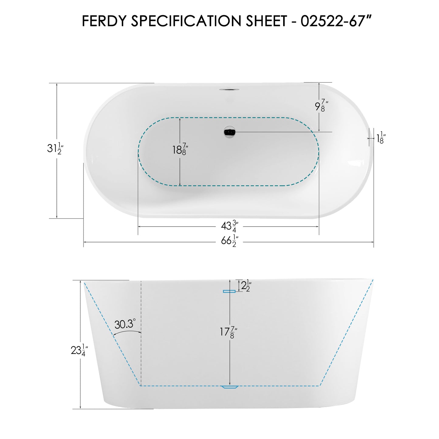 FerdY Shangri-La Acrylic Freestanding Bathtub, Small Classic Oval Shape Acrylic Soaking Bathtub with Brushed Nickel Drain & Minimalist Linear Design Overflow, Modern White, cUPC Certified