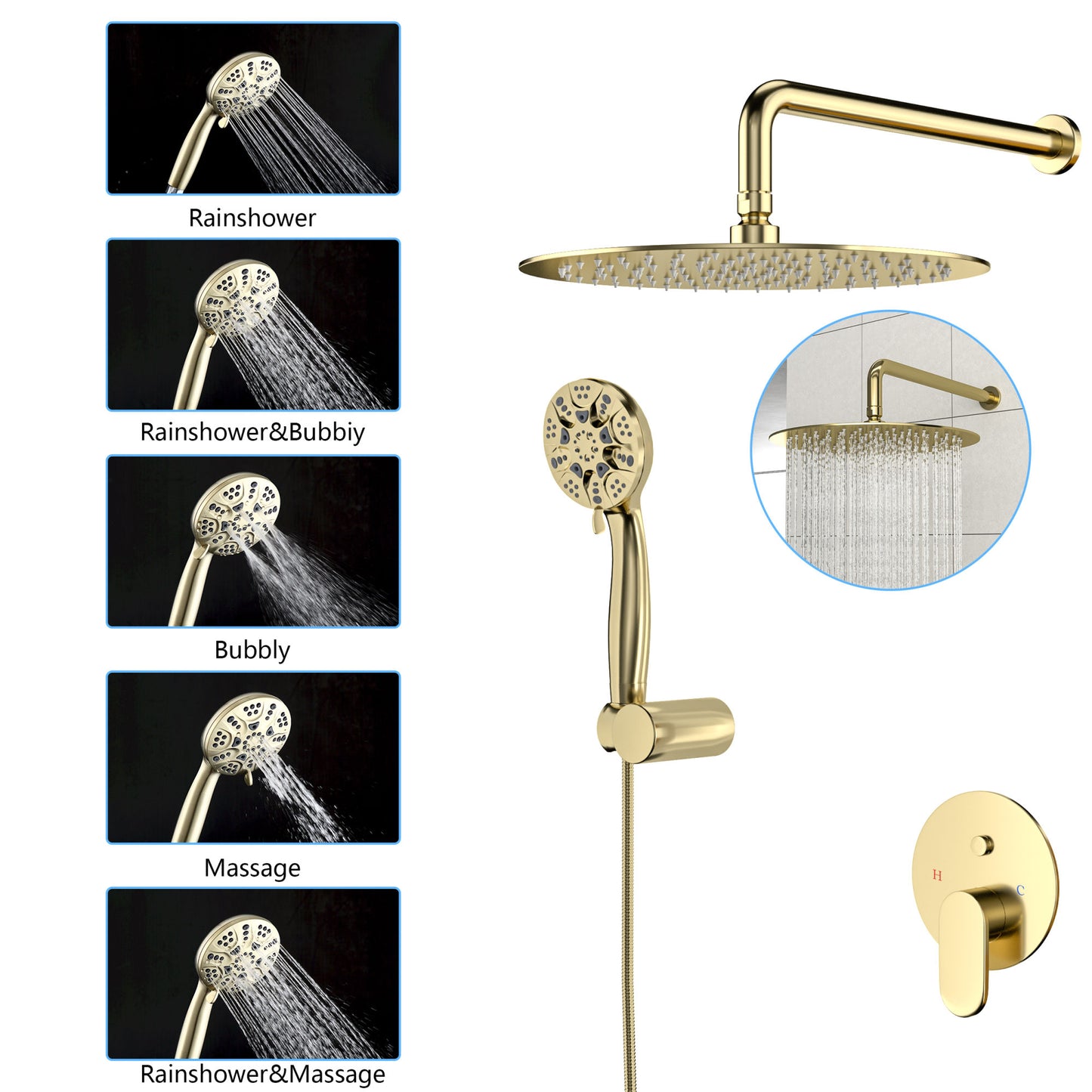 10" Rain Shower Head Systems, Dual Shower Heads, Gold,Wall Mounted shower