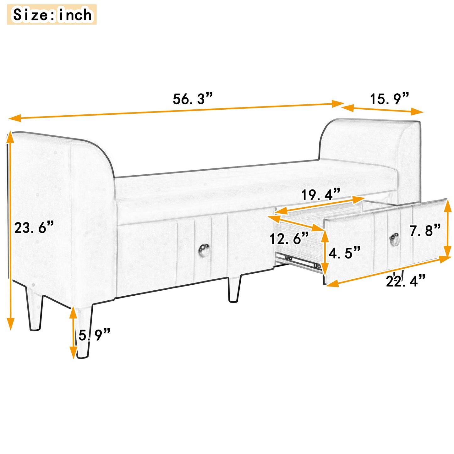 Upholstered Wooden Storage Ottoman Bench with 2 Drawers For Bedroom,Fully Assembled Except Legs and Handles,Gray