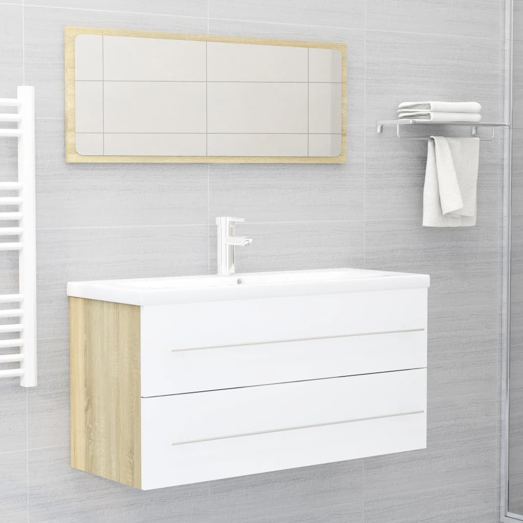 2 Piece Bathroom Furniture Set White and Sonoma Oak Engineered Wood