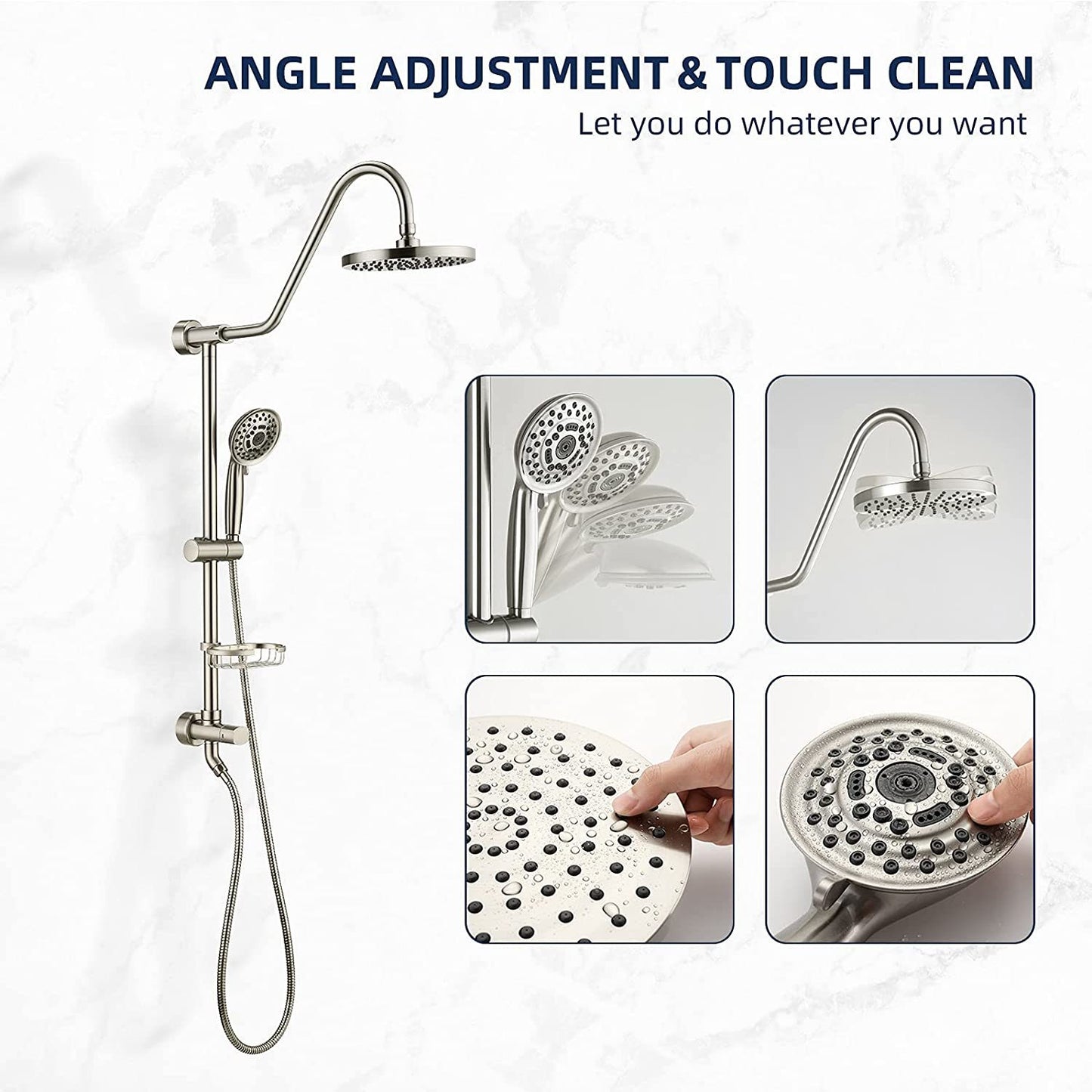 8 inch Wall Mount Dual Shower Heads with Soap Dish in Brushed Nickel, 5-Function Hand Shower