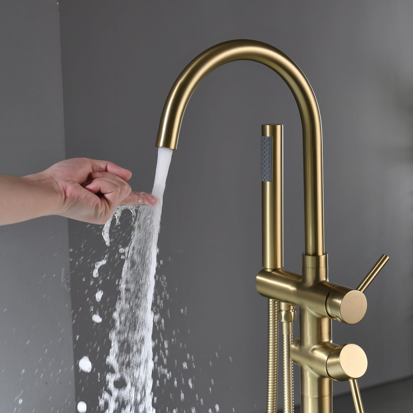 Bathtub Faucet Free Standing Floor Mounted Tub Faucet Tub Filler, Bathroom High Flow Shower Faucets with Handheld Shower Brushed Gold